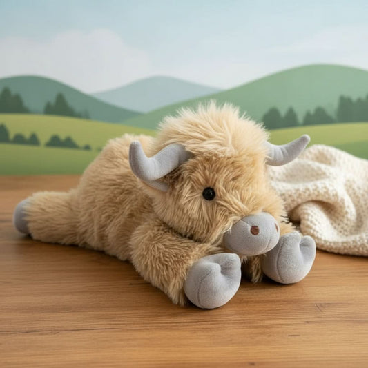 Enfant tenant la peluche vache des Highlands dans ses bras