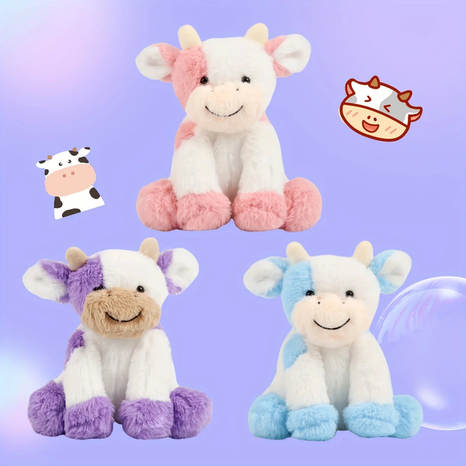 Vache en peluche montrant ses petites cornes et oreilles