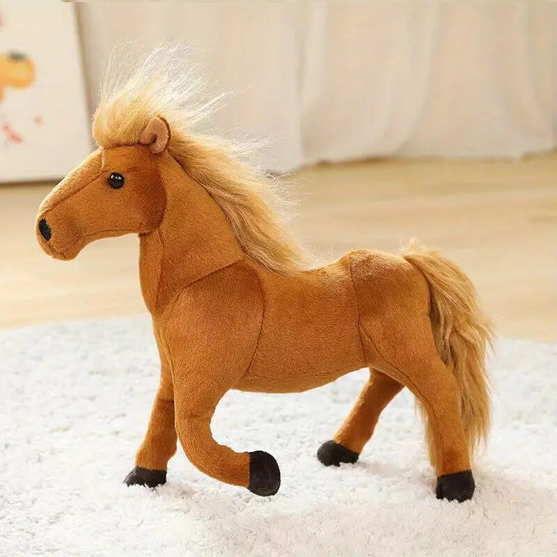 Cheval en peluche debout, pelage doux et moelleux