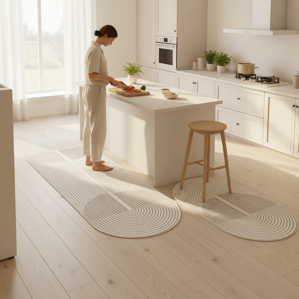Tapis de cuisine ergonomique sur sol en bois