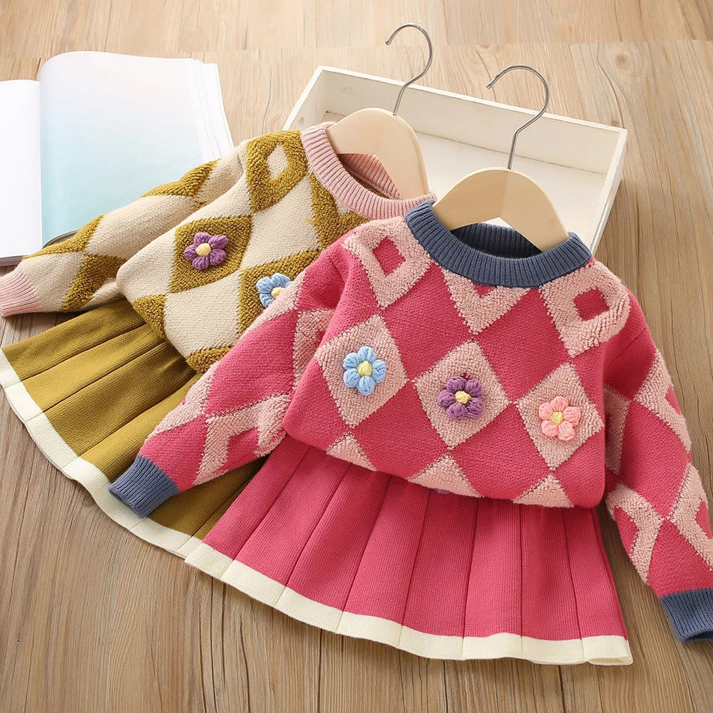 Ensemble tricoté vintage avec pull et jupe, vue de face