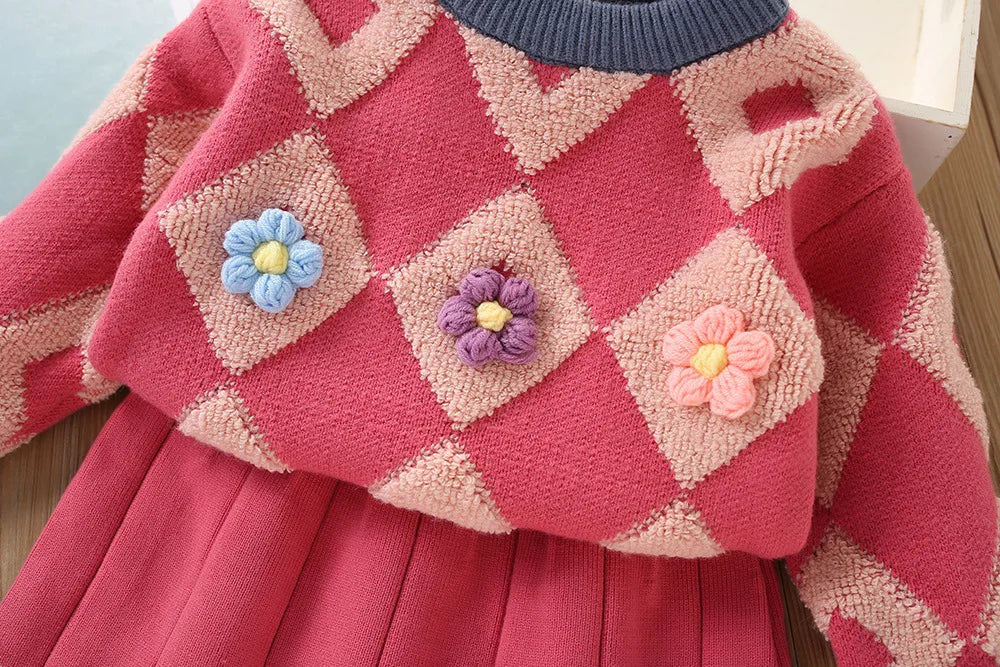 Vue de dos de l'ensemble tricoté, jupe et pull assortis