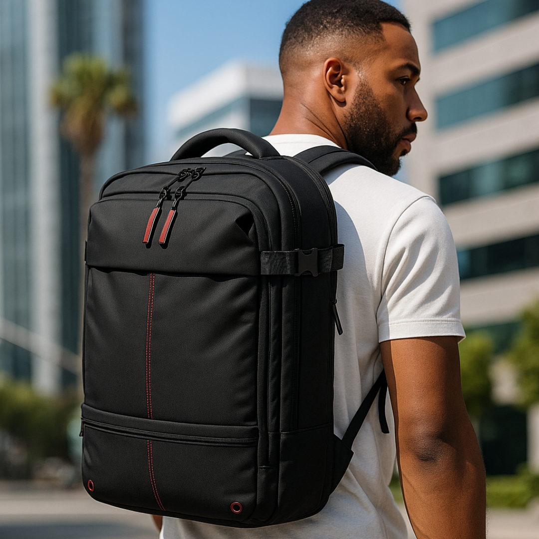Sac à dos noir avec poches multiples, vue de face
