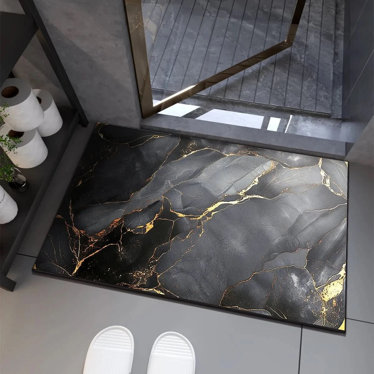 Tapis de bain diatomite sur sol carrelé, vue de dessus