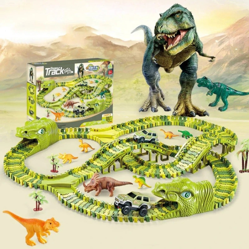 Vue d'ensemble du circuit ferroviaire dinosaure avec figurines