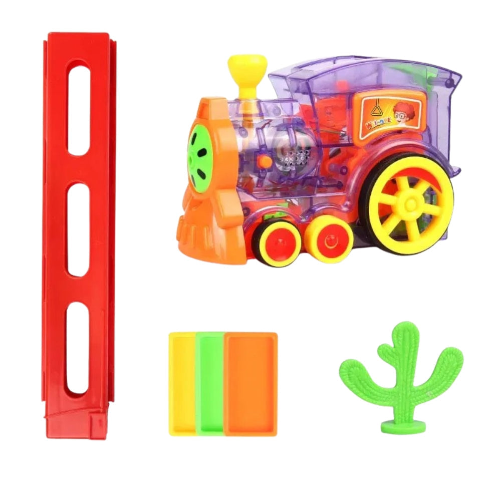 Train automatique posant des dominos avec lumière colorée