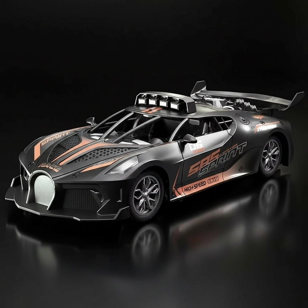 Voiture RC en train de drifter autour d'un obstacle, vue dynamique