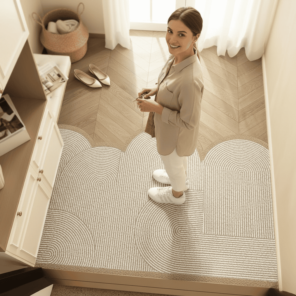 Tapis d'entrée antidérapant sur sol carrelé, vue de dessus