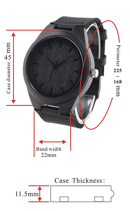 Vue latérale de la montre, détails du boîtier en bois
