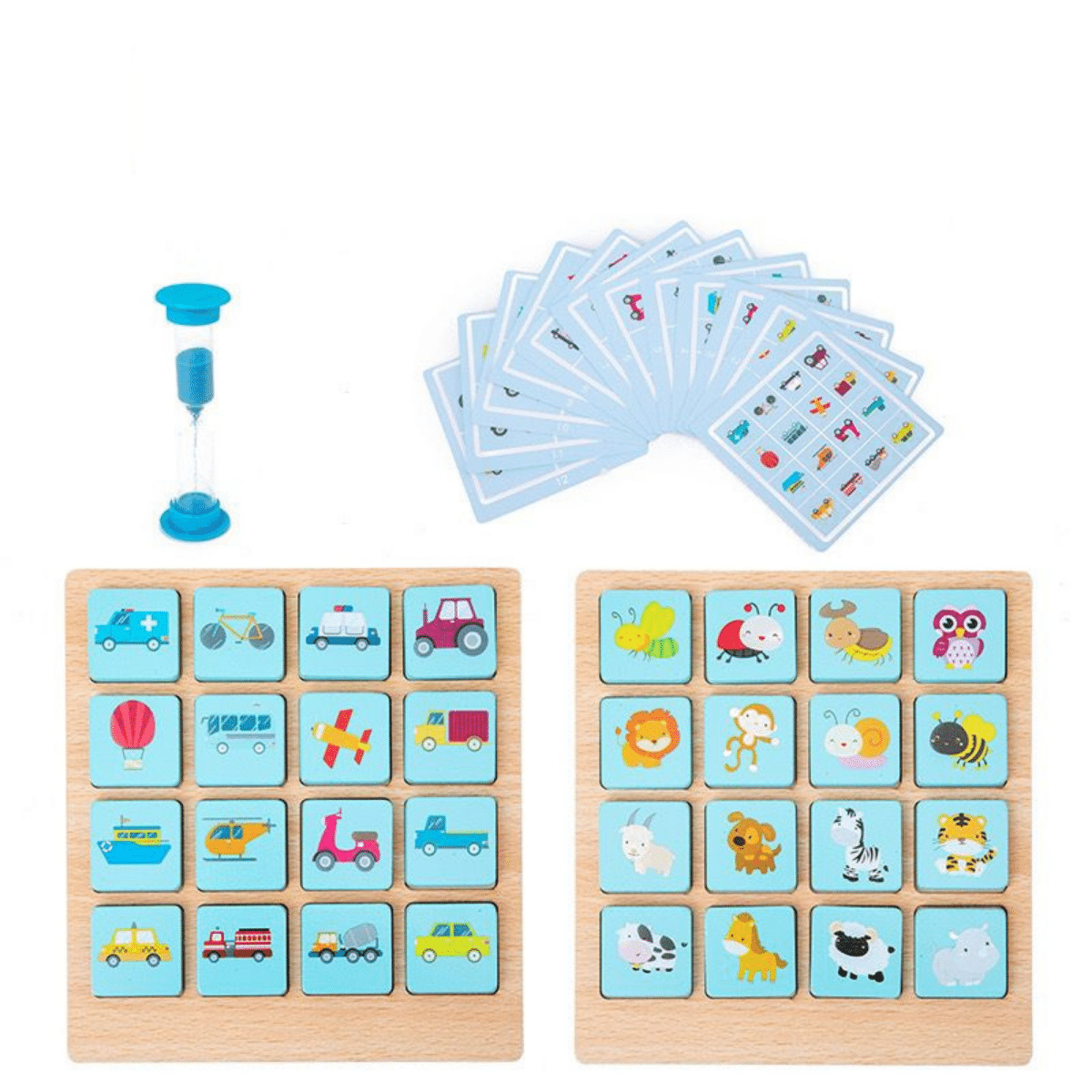 Ensemble complet du jeu de mémoire avec pièces et boîte en bois