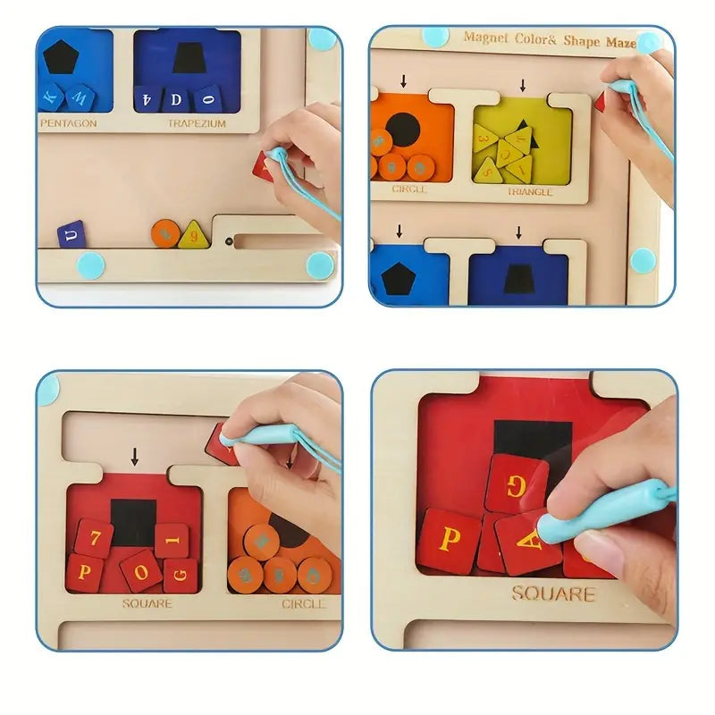 Enfant jouant avec un labyrinthe magnétique en bois coloré