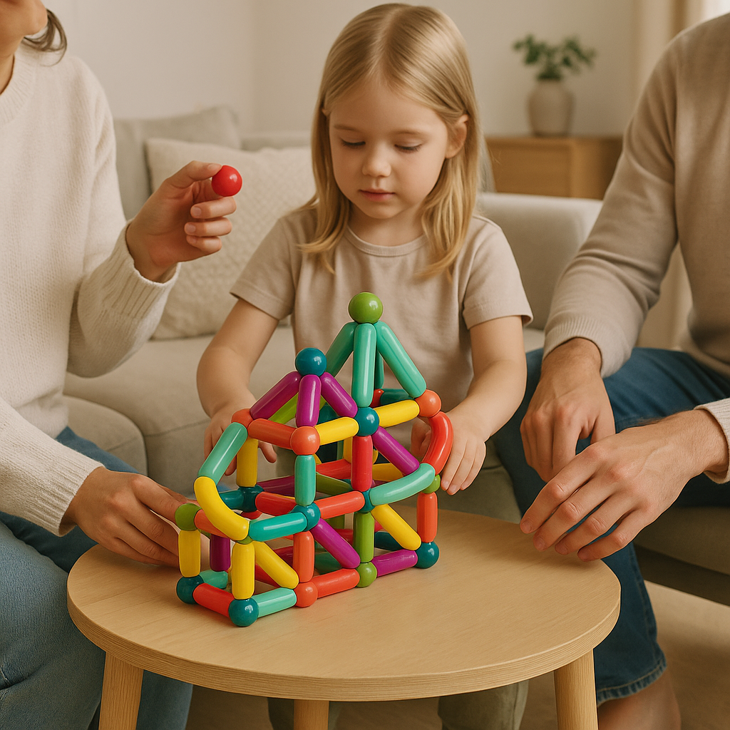 Enfant jouant avec des bâtons magnétiques colorés sur une table