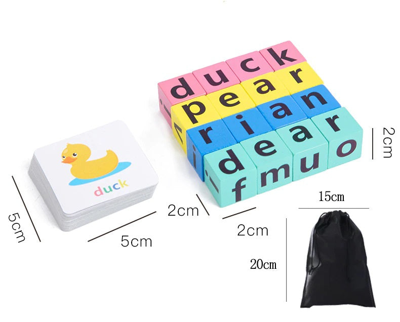 Enfant jouant avec des blocs de lettres en bois sur un tapis coloré