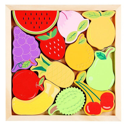 Puzzle en bois éducatif avec designs d'animaux et de fruits