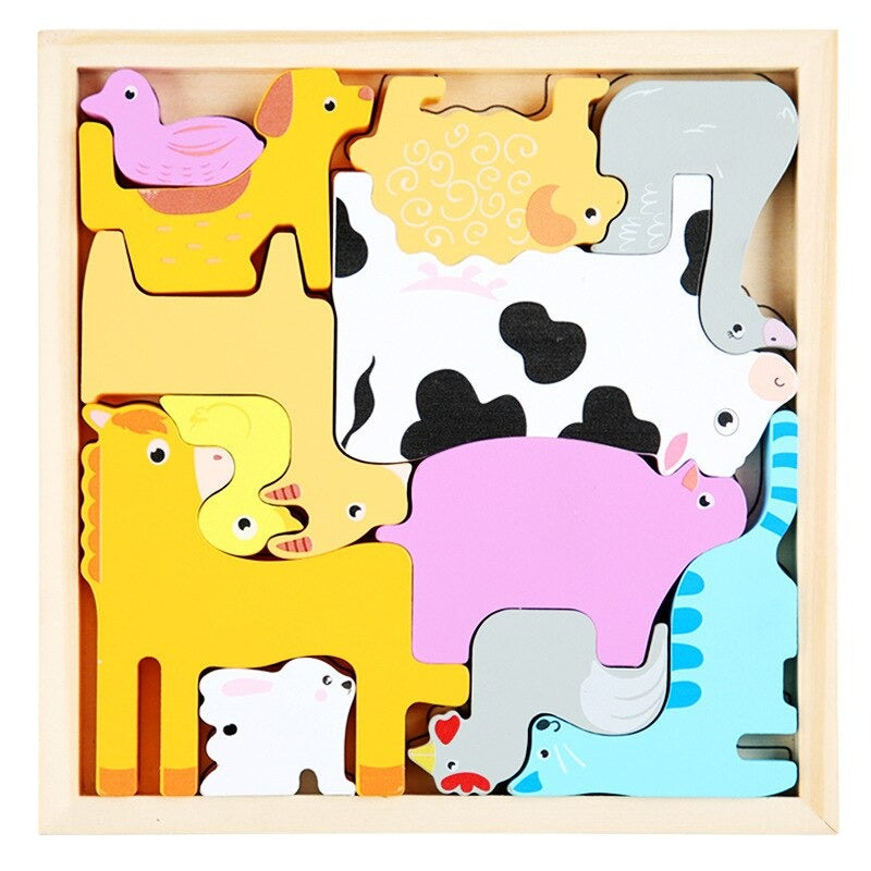 Pièces de puzzle en bois montrant des animaux et des fruits