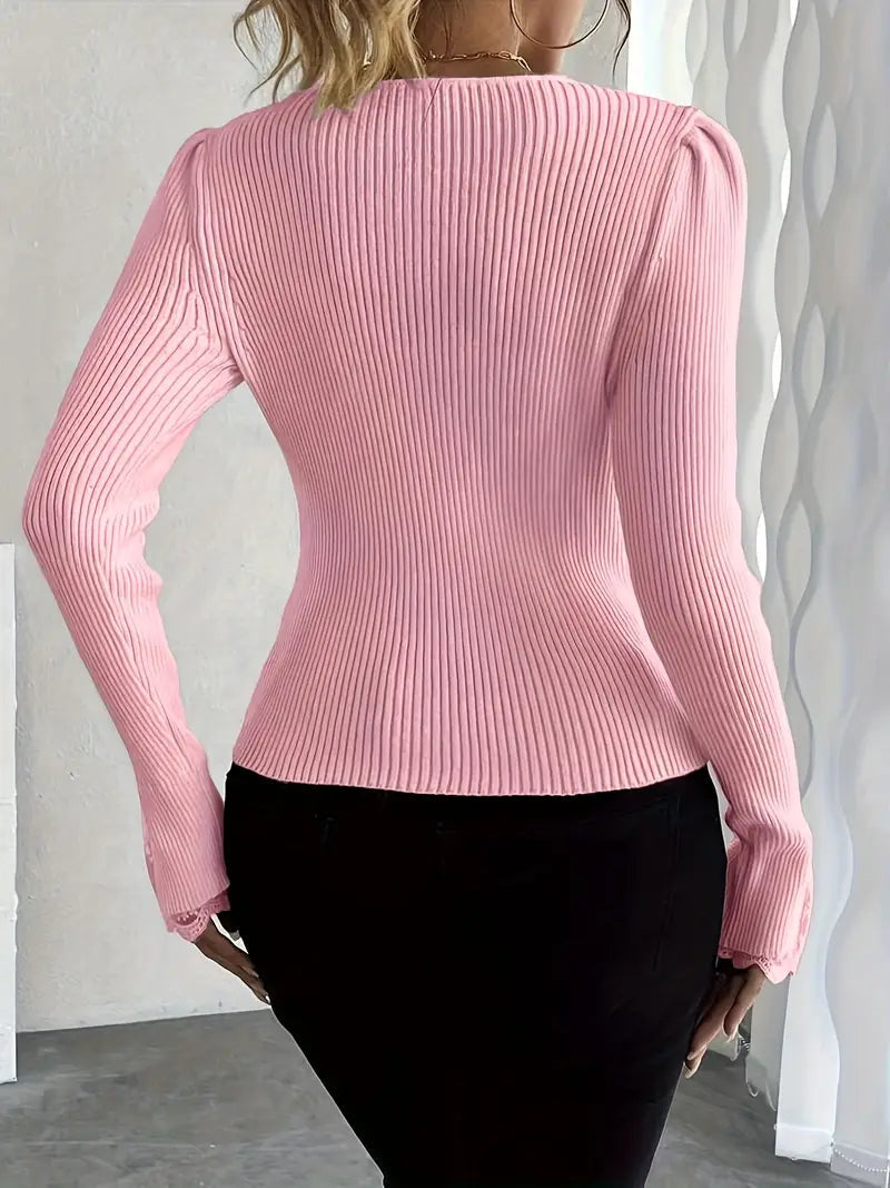 Pull à côtes col en V avec manches dentelle florale