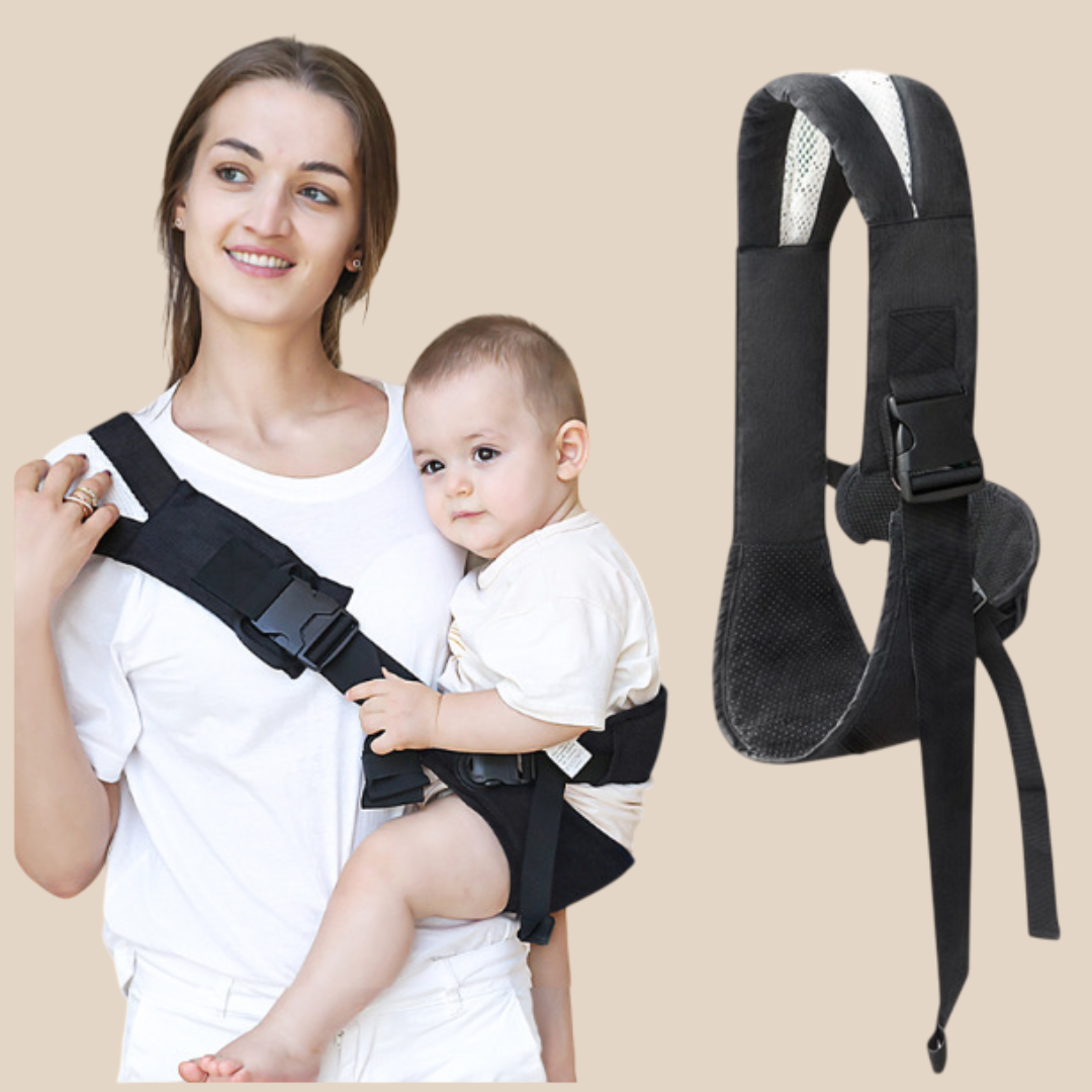 Porte-bébé en utilisation, montrant la répartition uniforme du poids