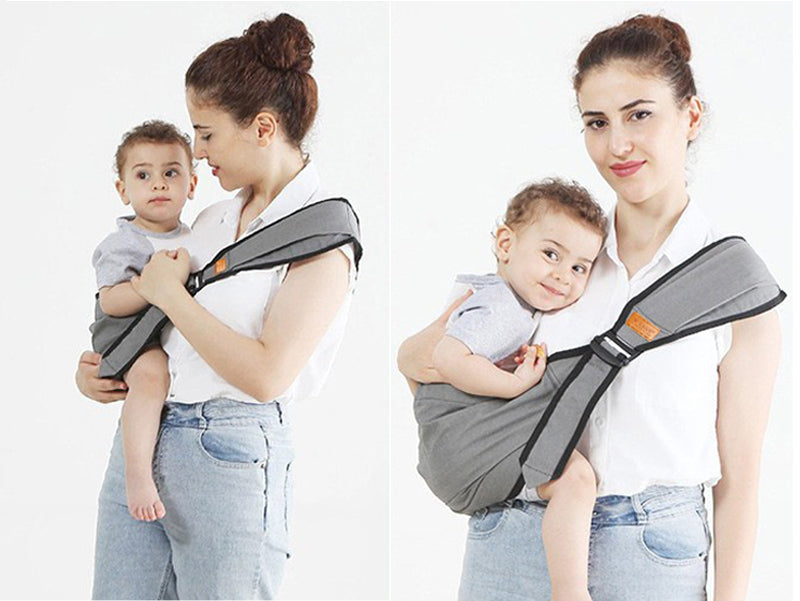 Porte-bébé en utilisation, illustrant la répartition du poids sur le dos