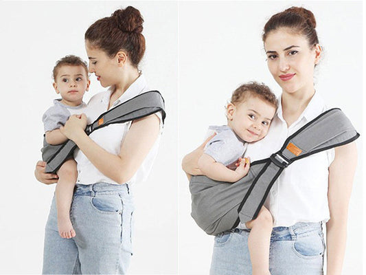 Porte-bébé en utilisation, illustrant la répartition du poids sur le dos