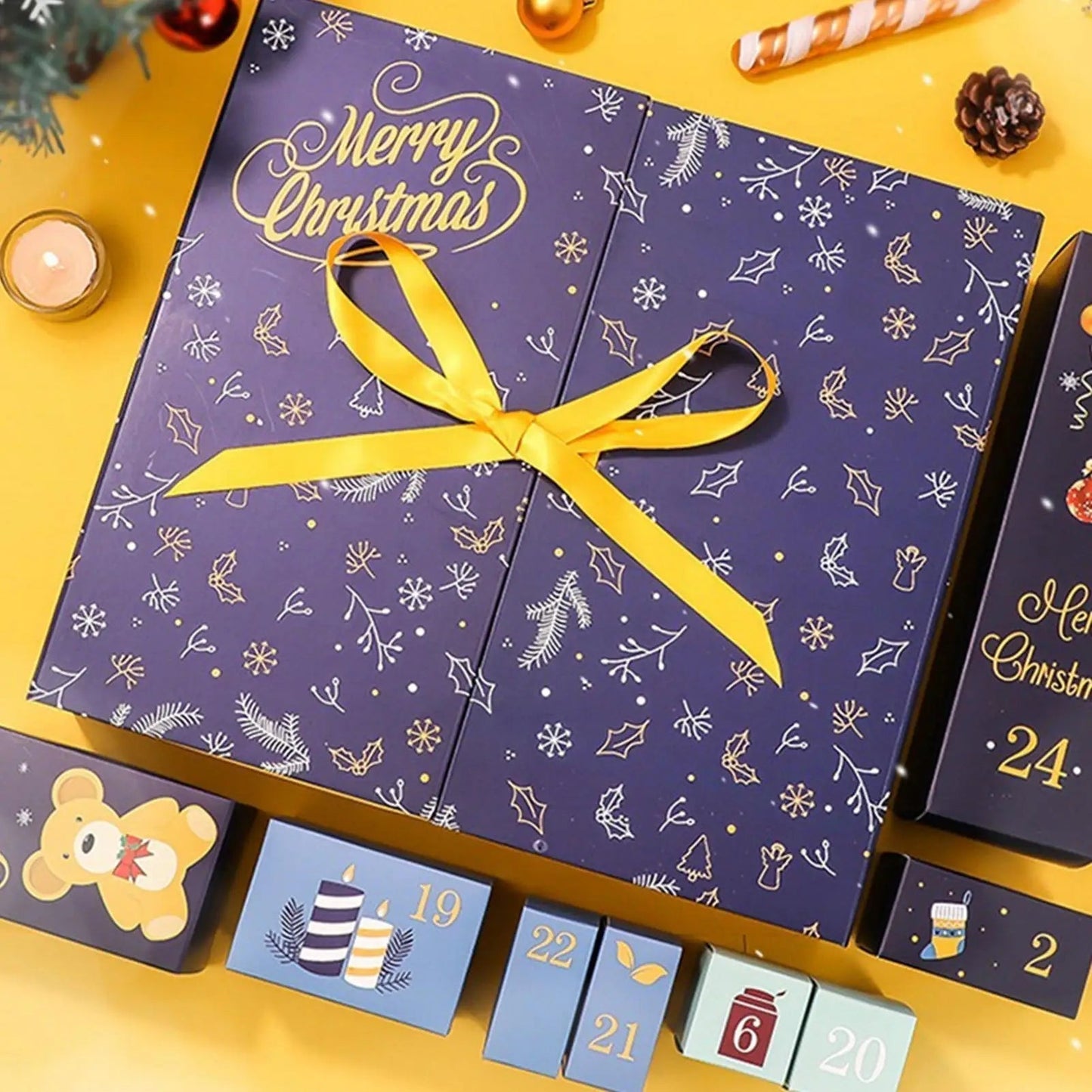 Vue rapprochée du calendrier de l'Avent avec motifs festifs