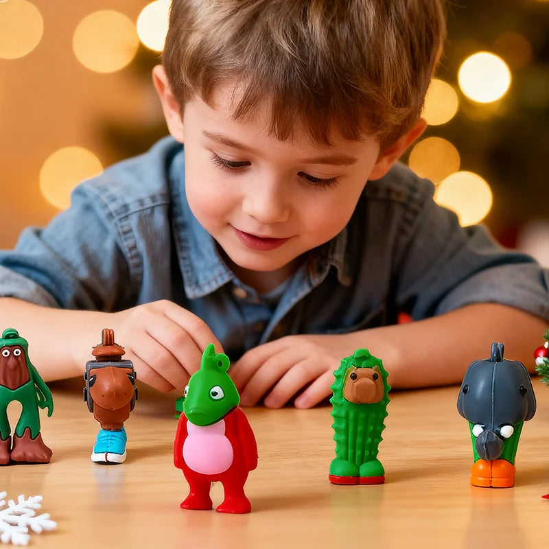 Vue rapprochée de figurines variées du calendrier de l'Avent