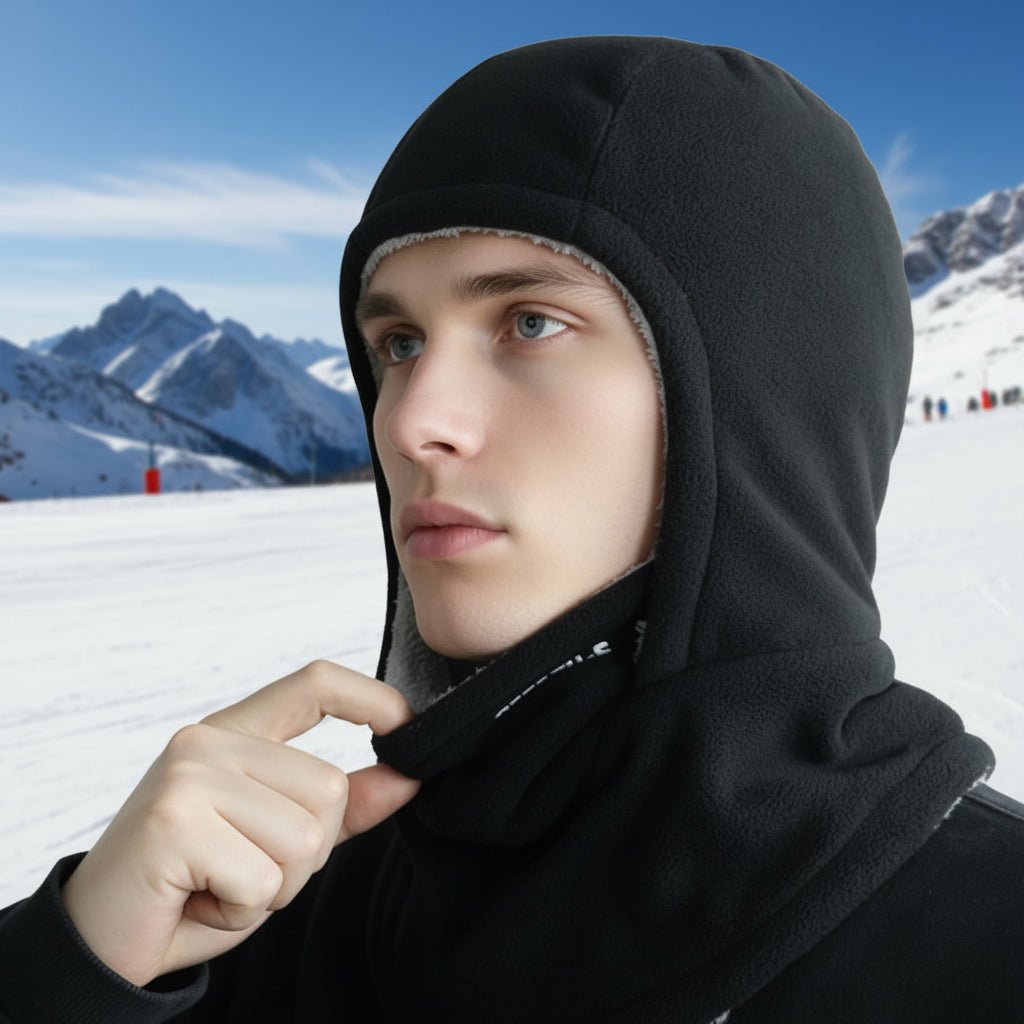 Cagoule thermique en polaire douce sur fond blanc