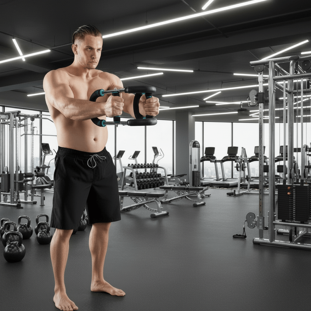 Barre d'entraînement ajustable posée sur un tapis de sport