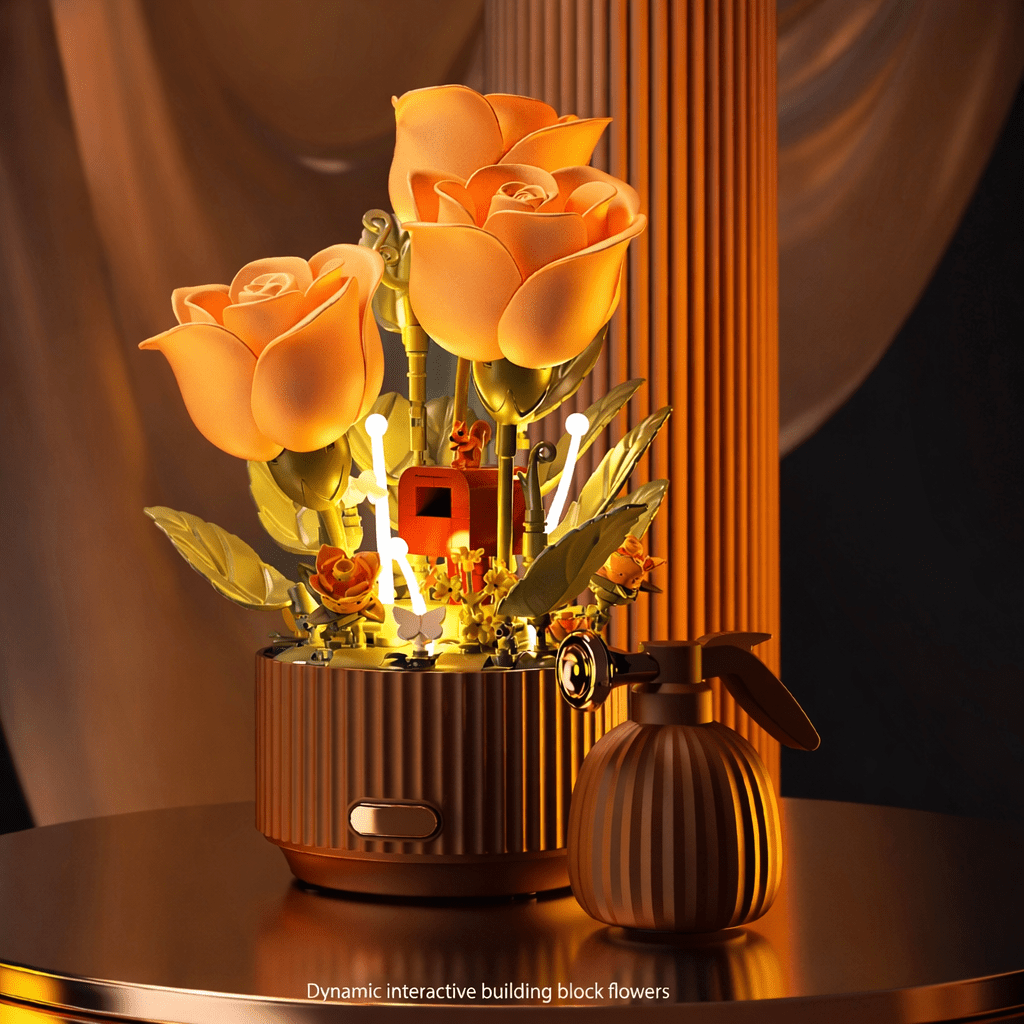 Vue de côté d'un bouquet de roses construit avec les blocs