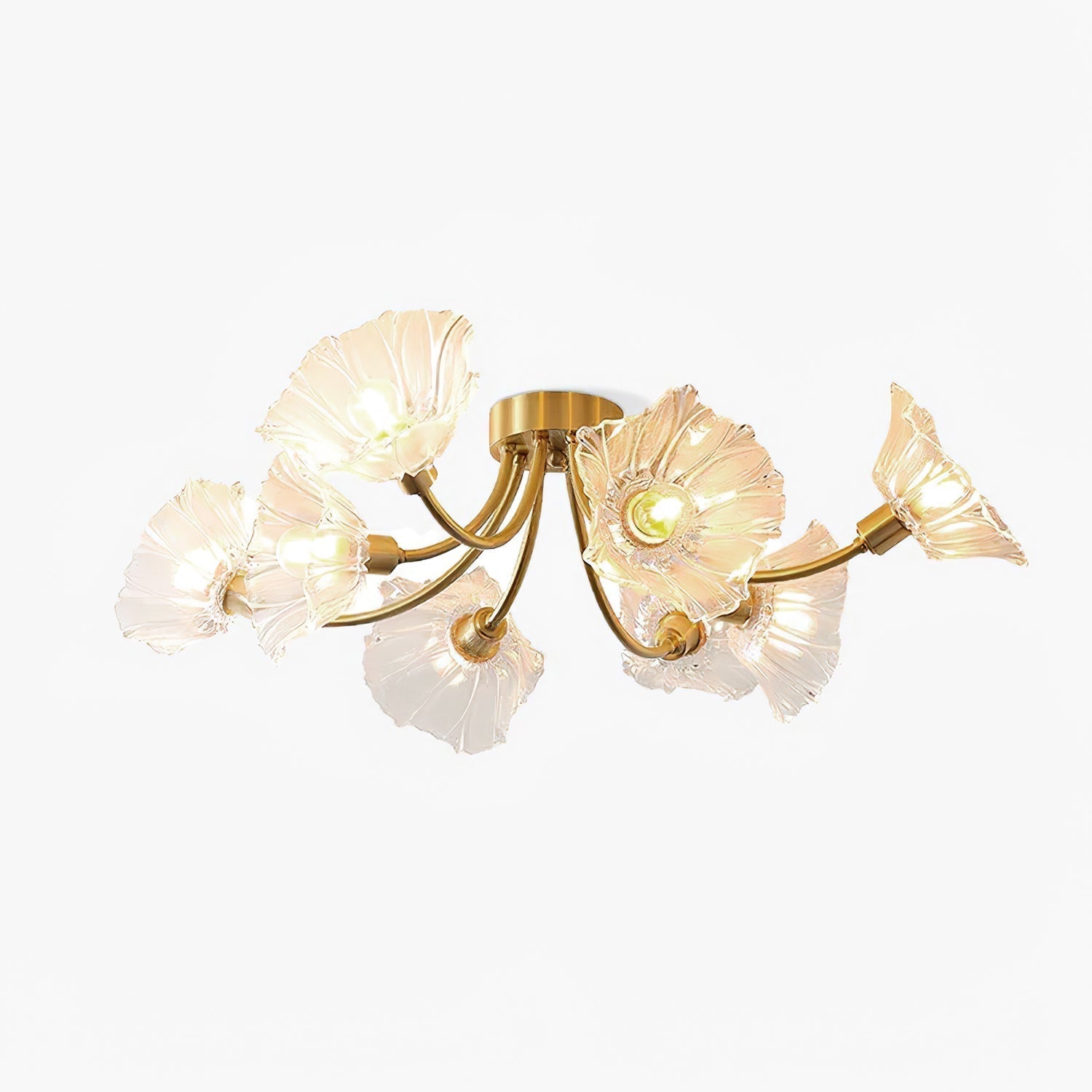 Détail des abat-jours en forme de fleur en verre