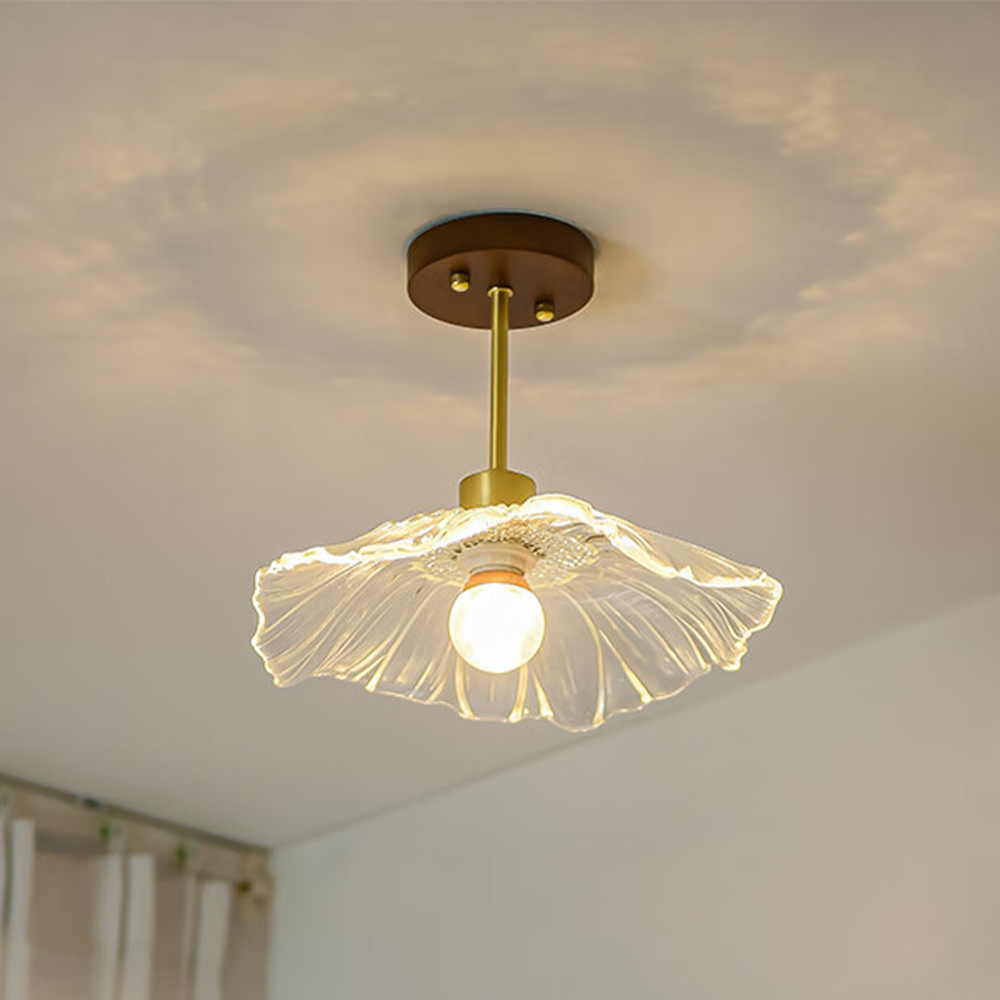 Lampe de plafond en verre avec motif floral et bois