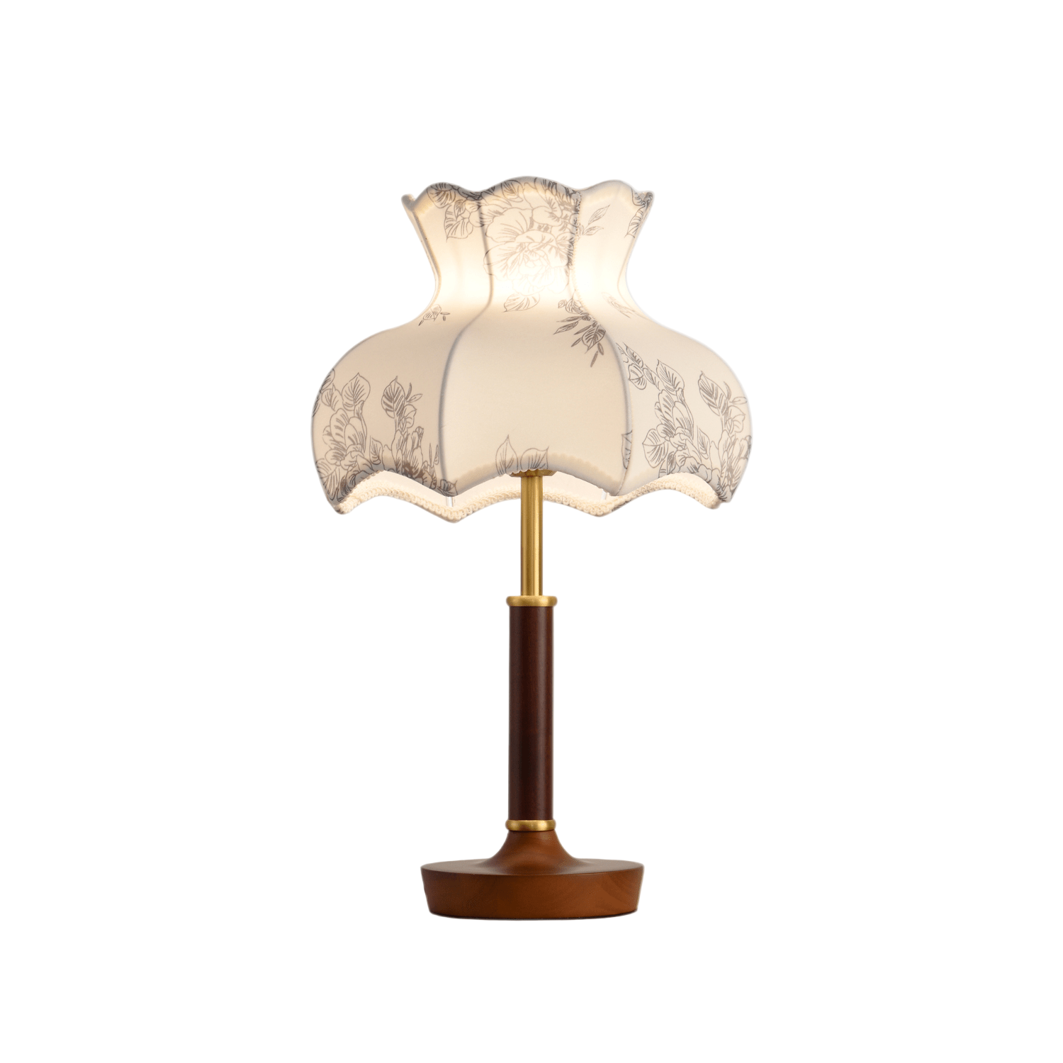 Lampe de table avec abat-jour floral et base en noyer