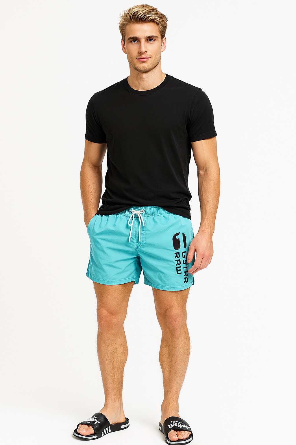Maillot de bain bleu sur fond blanc, vue de face