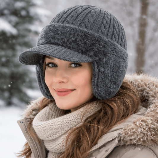 Chapeau d'hiver trappeur, vue complète en extérieur enneigé