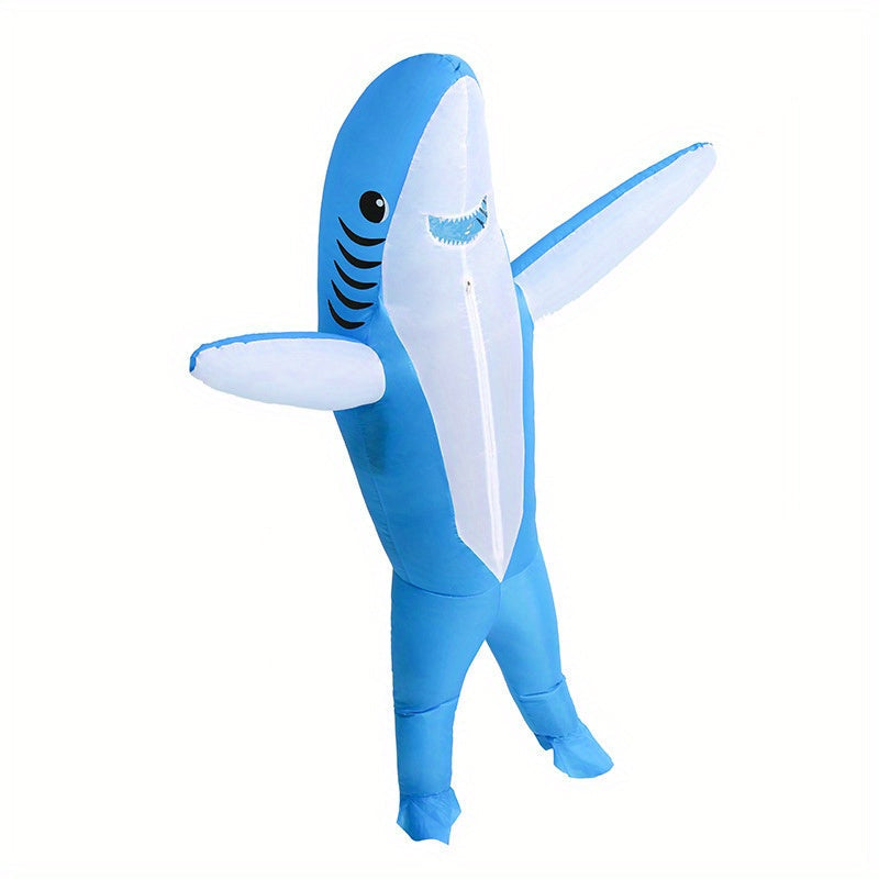 Vue complète d'un costume de requin gonflable, debout