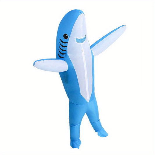 Vue complète d'un costume de requin gonflable, debout