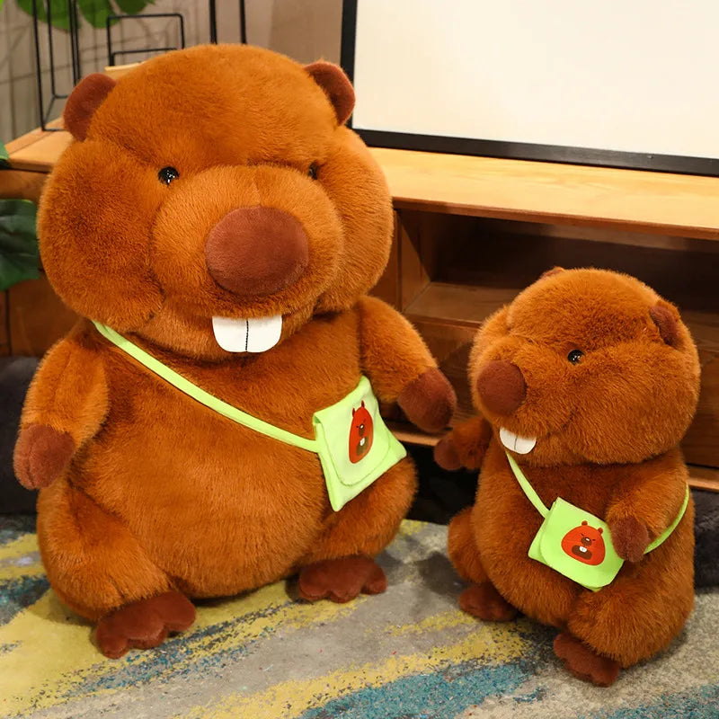 Castor en peluche tenant une bûche, idéal pour câlins