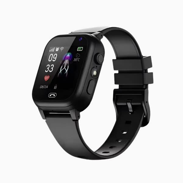 Vue latérale montre enfant, bracelet coloré et caméra visible