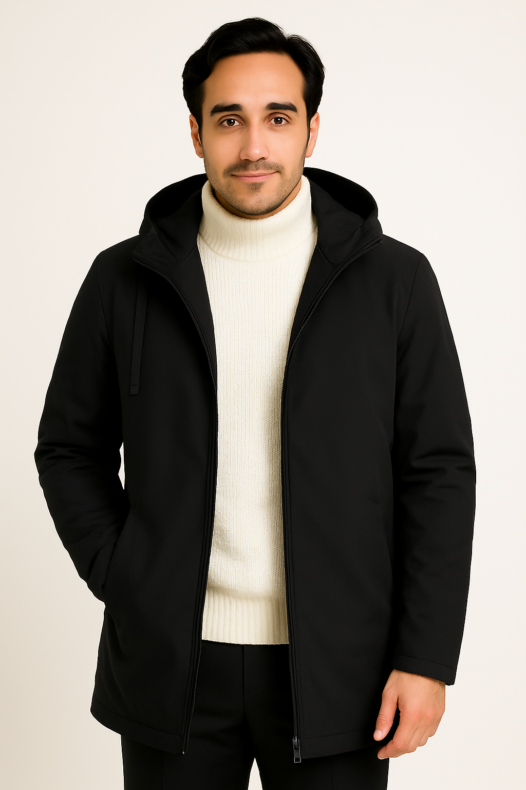 Homme portant un manteau d'hiver imperméable noir