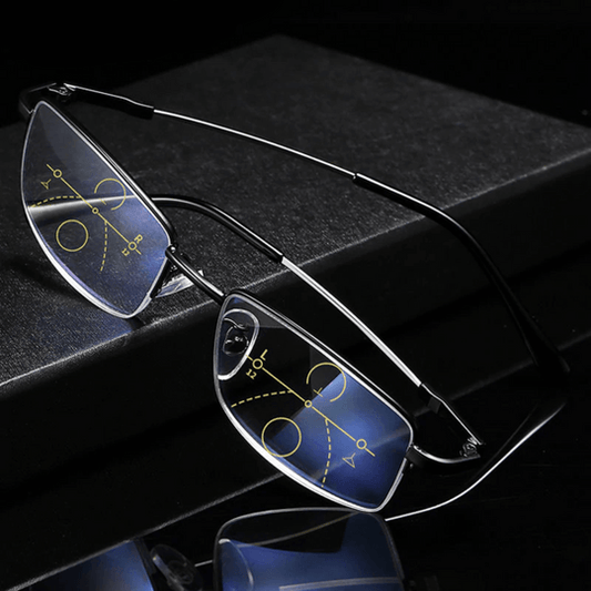 Vue de profil des lunettes progressives sur fond neutre
