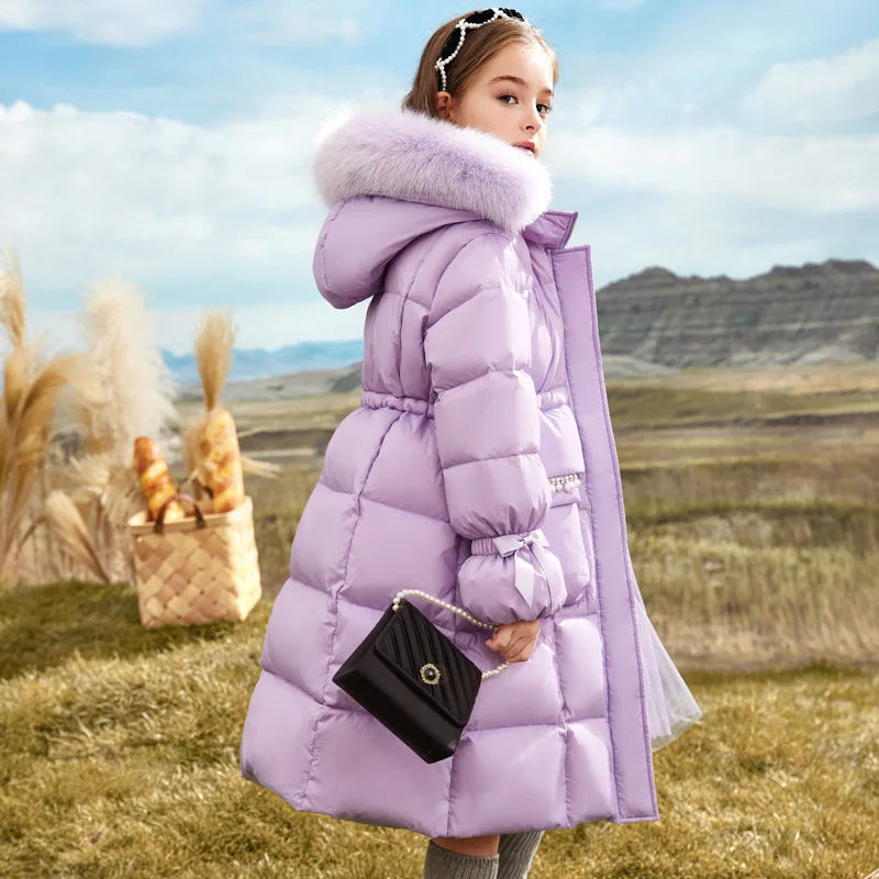 Manteau d'hiver violet avec capuche duveteuse pour fille