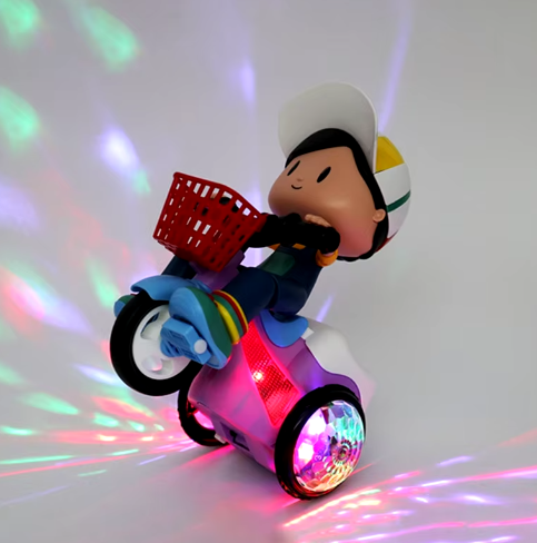 Tricycle enfant posé sur le sol, roues LED éteintes