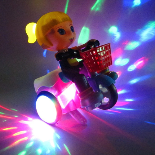 Tricycle enfant avec roues LED allumées, vue de côté