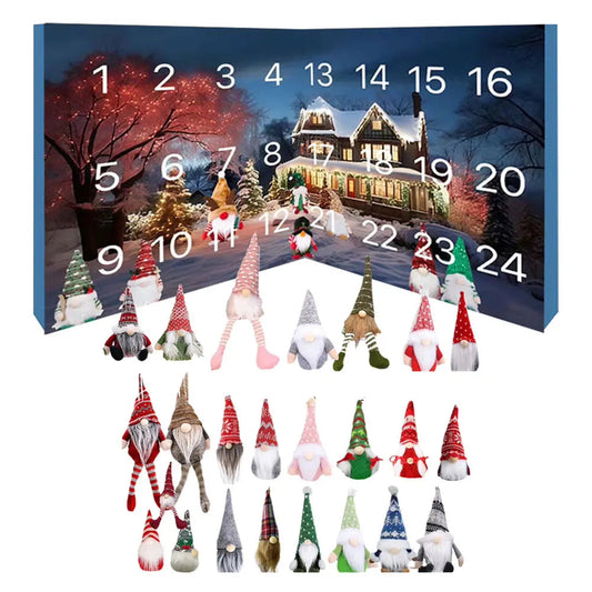 Gnomes en peluche alignés pour le compte à rebours de Noël