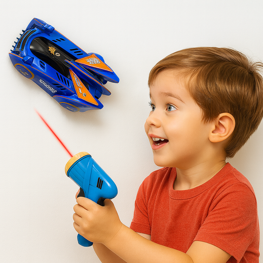 Voiture RC en position verticale contre un mur