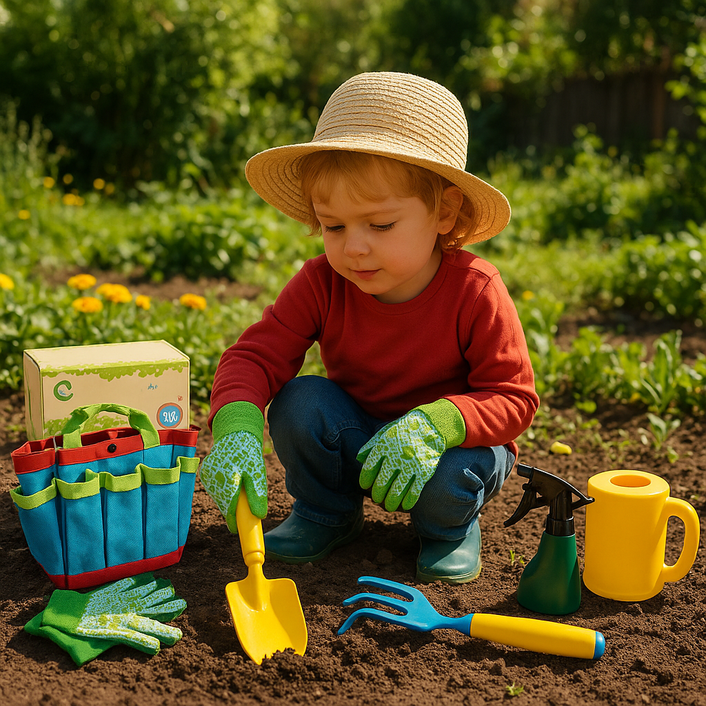 Ensemble d'outils de jardin colorés pour enfants sur fond blanc