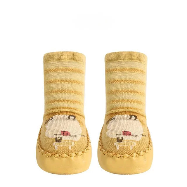 Vue de chaussettes bébé motif lapin, semelle adhérente
