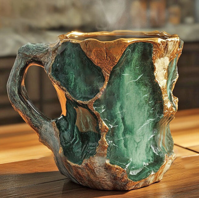 Tasse artisanale en cristal minéral, posée sur une table