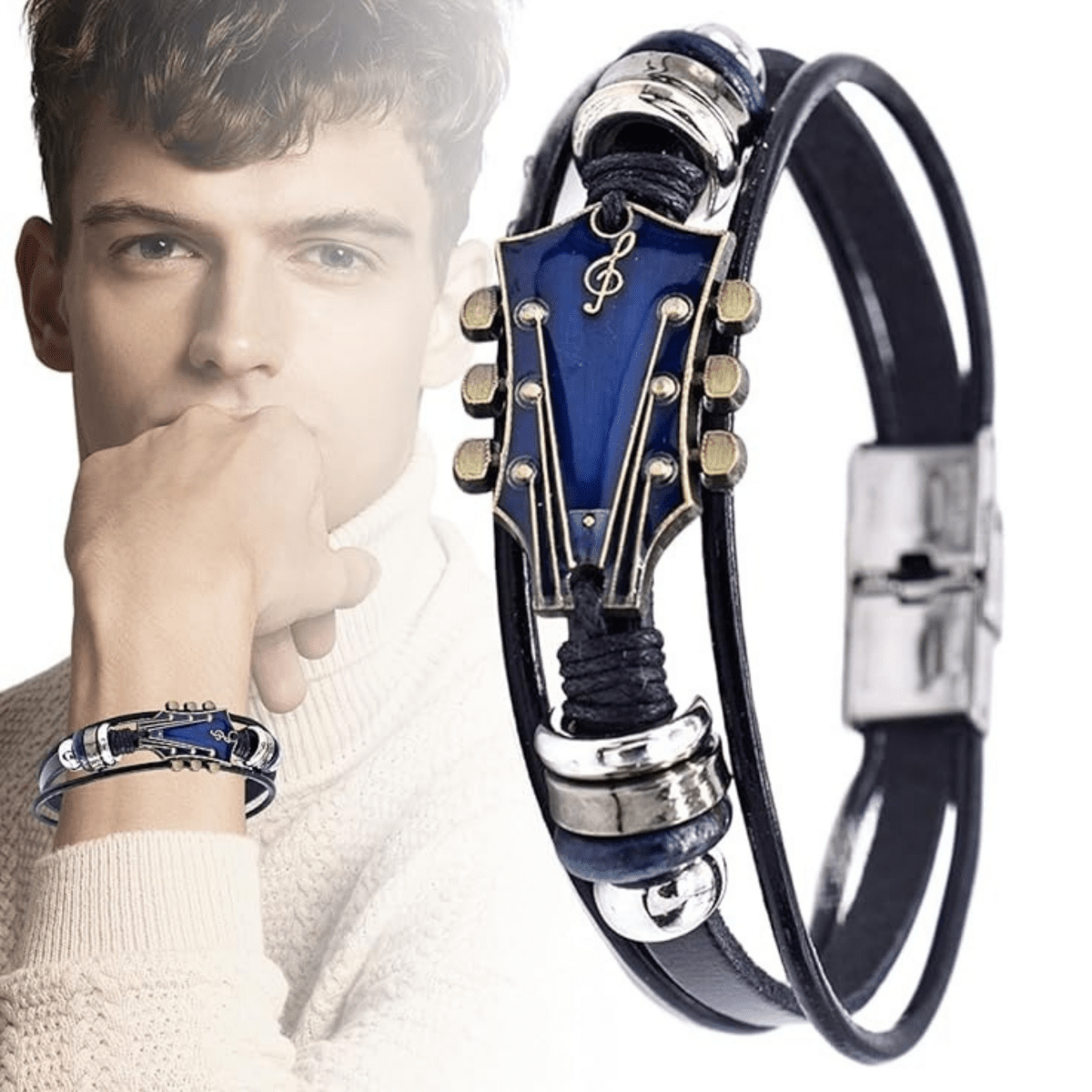Détails du bracelet montrant les motifs de guitare