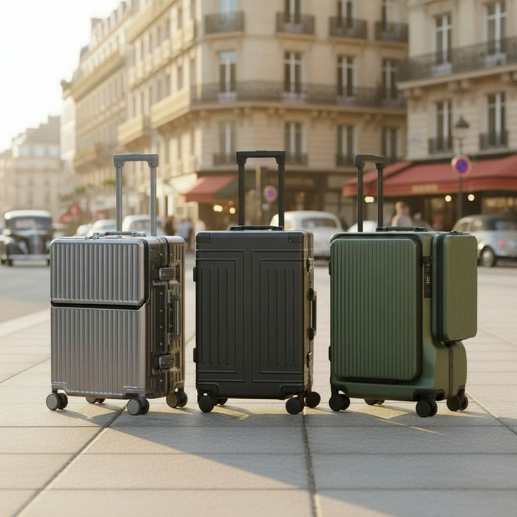 Valise moderne posée devant un paysage urbain européen