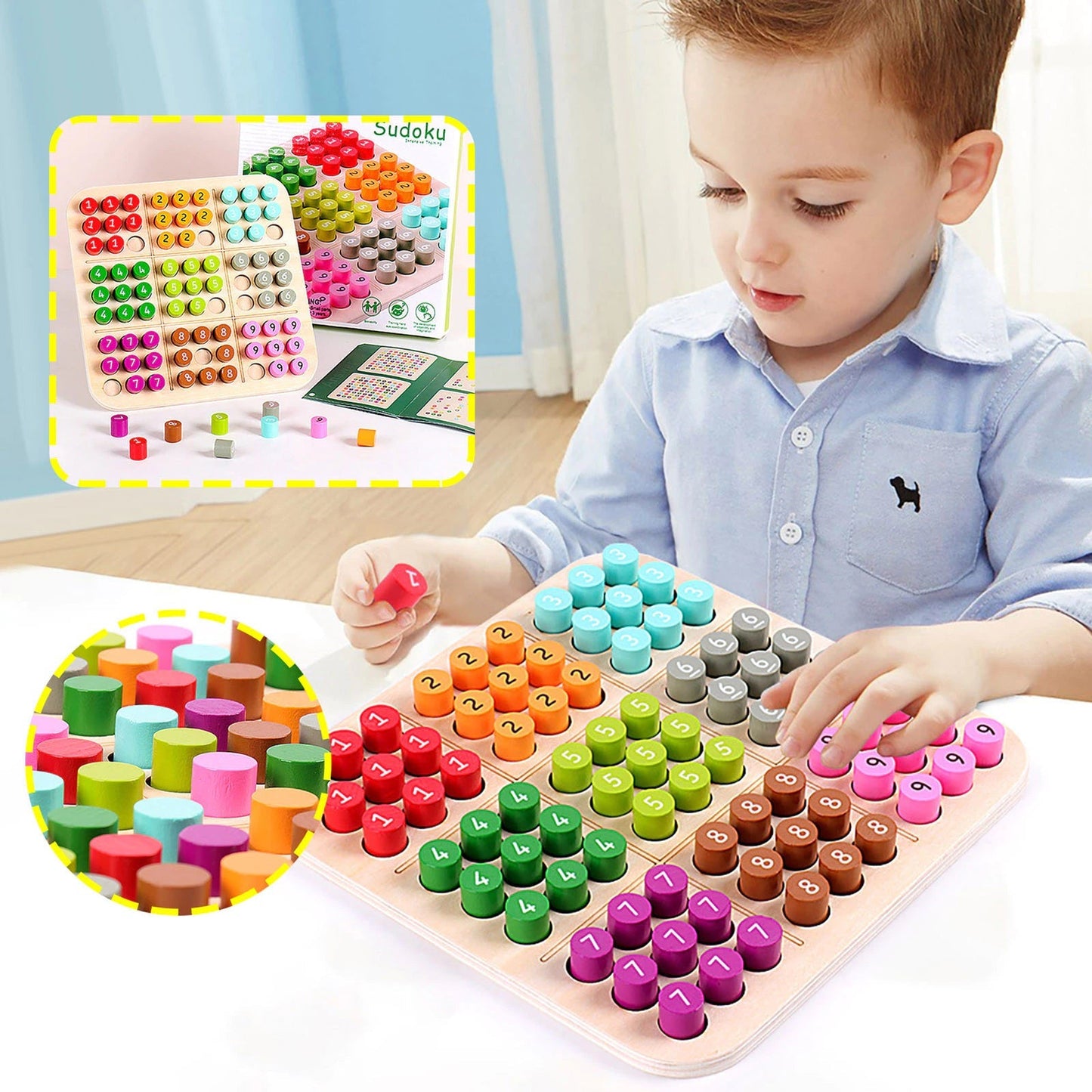 Pièces de Sudoku en bois disposées sur le plateau de jeu